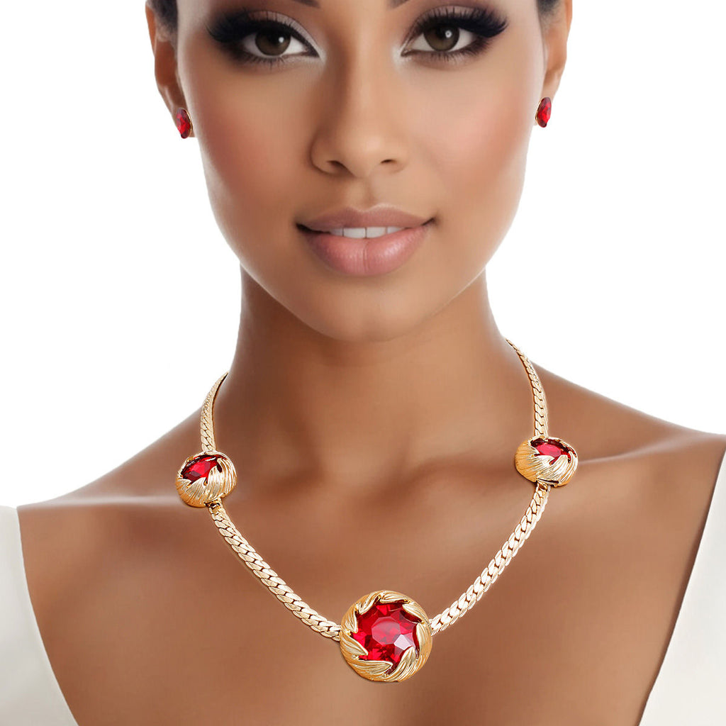 Gold Red Necklace Set Triple Leaf Design | Fashion Jewelry