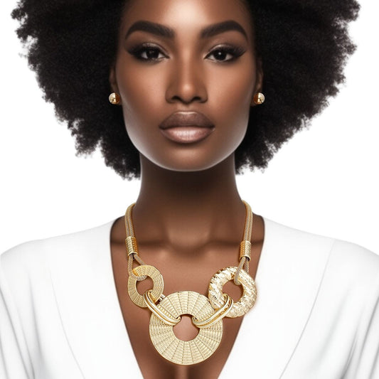 Gold Tone Metal Mesh Chain Necklace Set with Textured Linked Rings and Ball Stud Earrings Pinktown