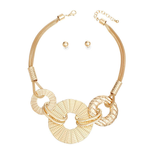 Gold Tone Metal Mesh Chain Necklace Set with Textured Linked Rings and Ball Stud Earrings Pinktown