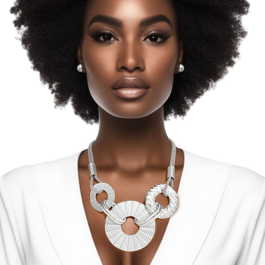 Silver Tone Metal Mesh Chain Necklace Set with Textured Linked Rings and Ball Stud Earrings Pinktown