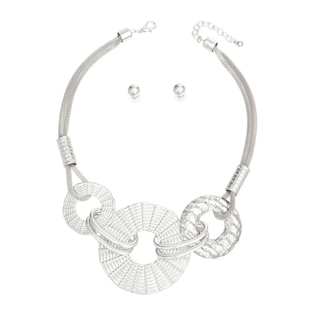 Silver Tone Metal Mesh Chain Necklace Set with Textured Linked Rings and Ball Stud Earrings