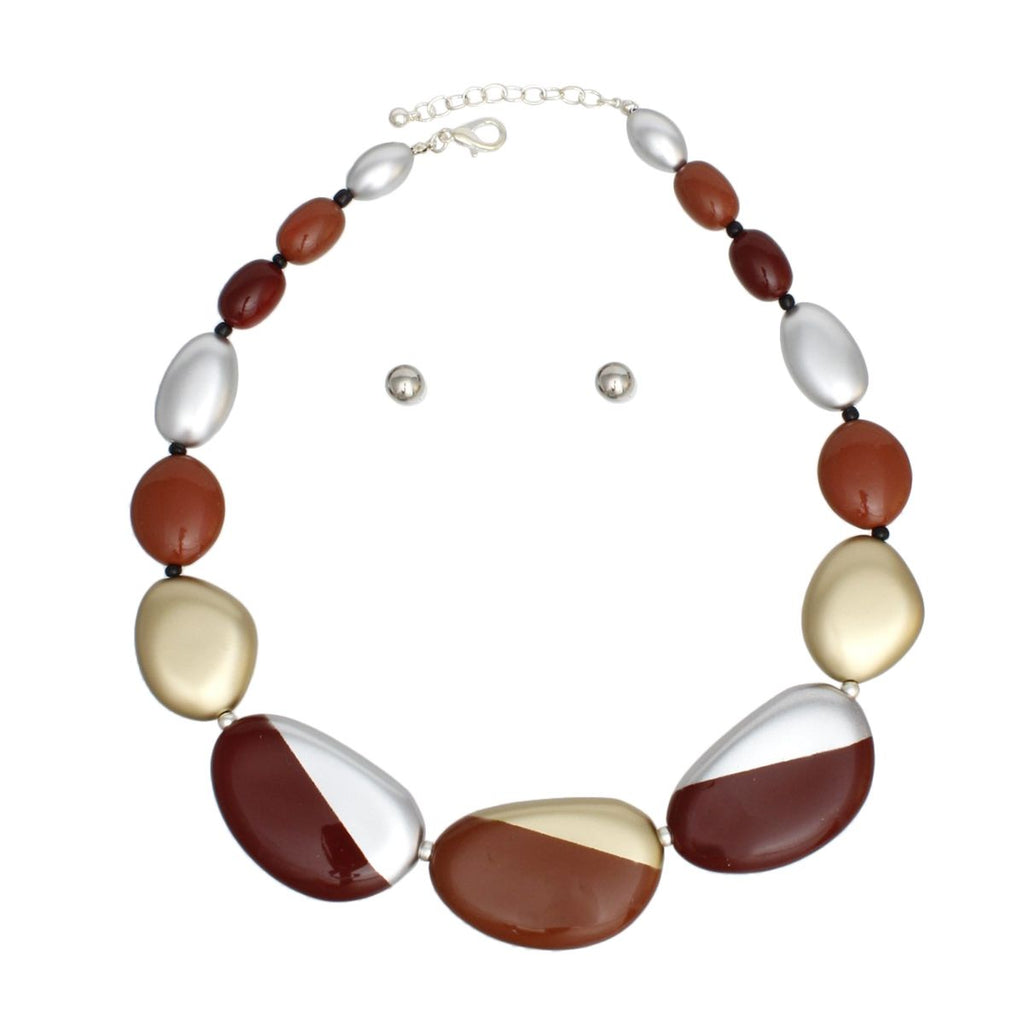 Burgundy Beaded Necklace Set | Acrylic Earthy Stone, Matte Gold, Earrings
