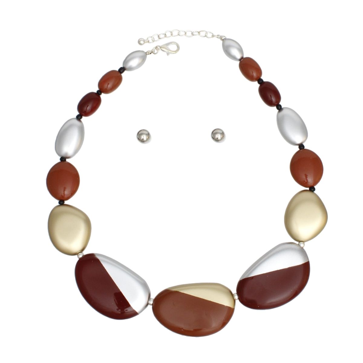 Burgundy Beaded Necklace Set | Acrylic Earthy Stone, Matte Gold, Earrings