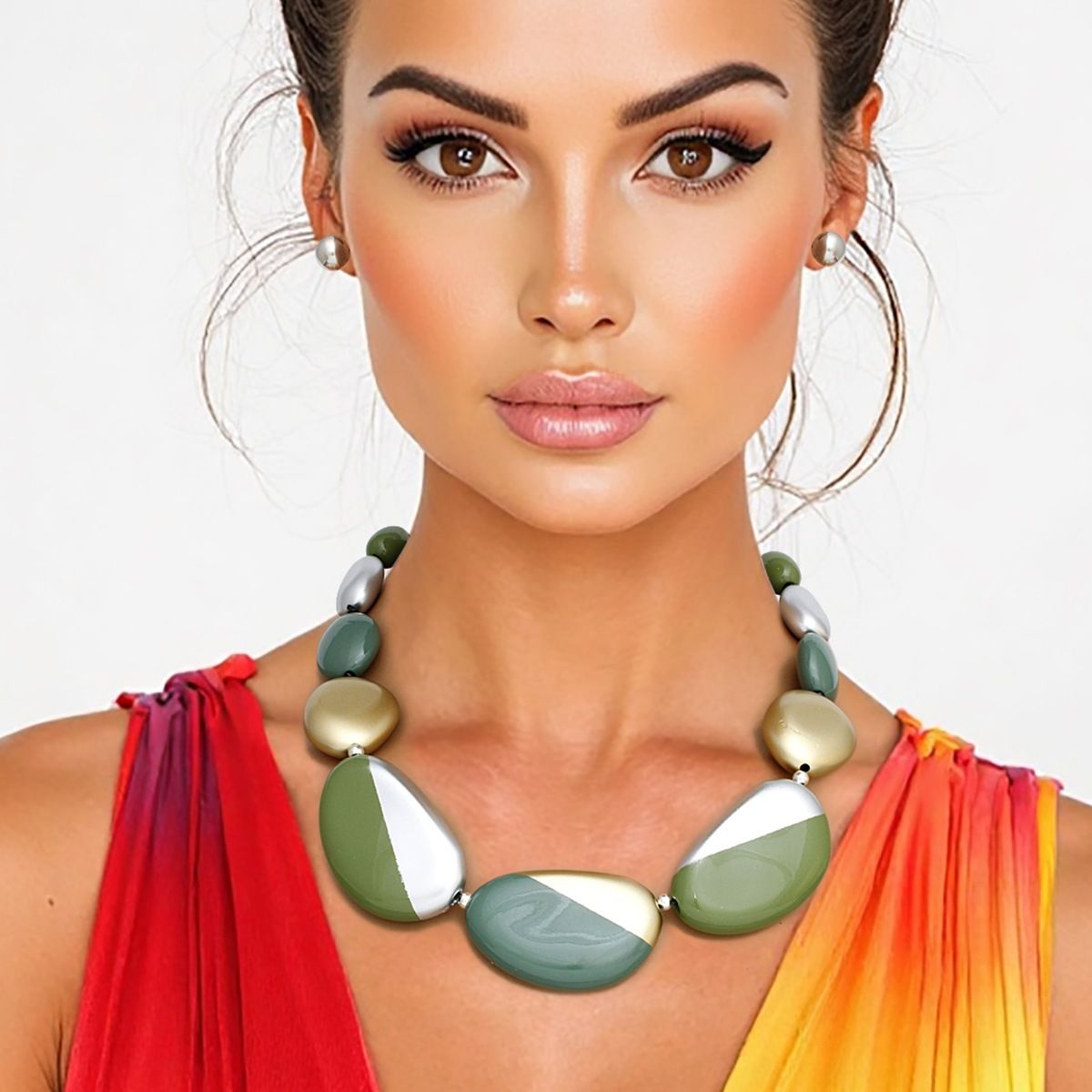 Green Beaded Necklace Set | Acrylic Earthy Stone, Matte Gold, Earrings