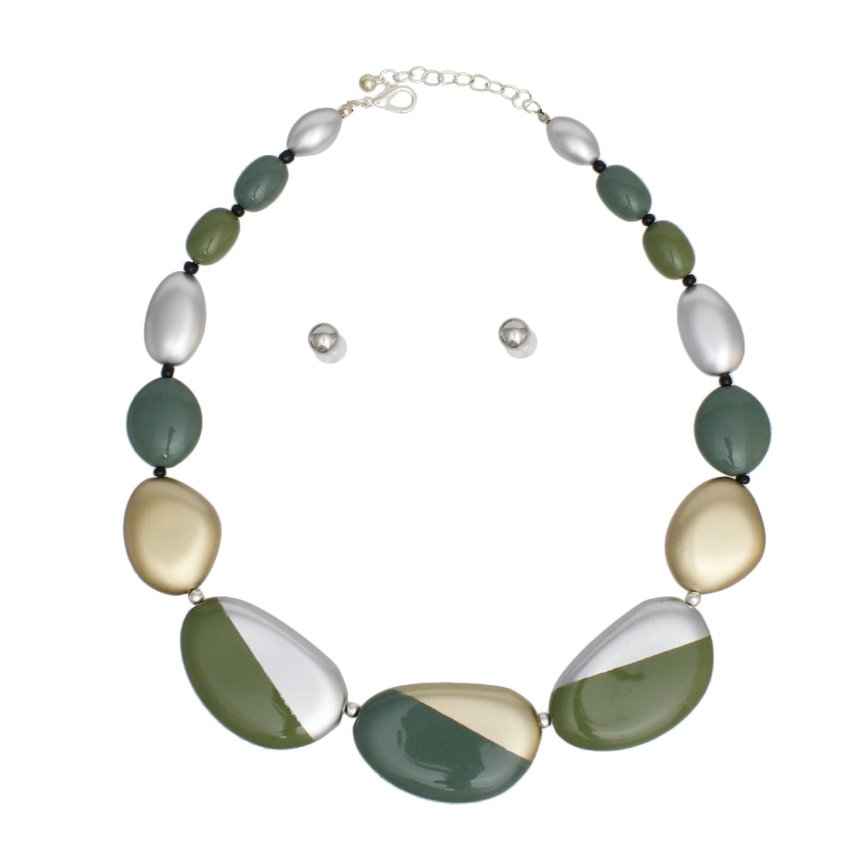 Green Beaded Necklace Set | Acrylic Earthy Stone, Matte Gold, Earrings