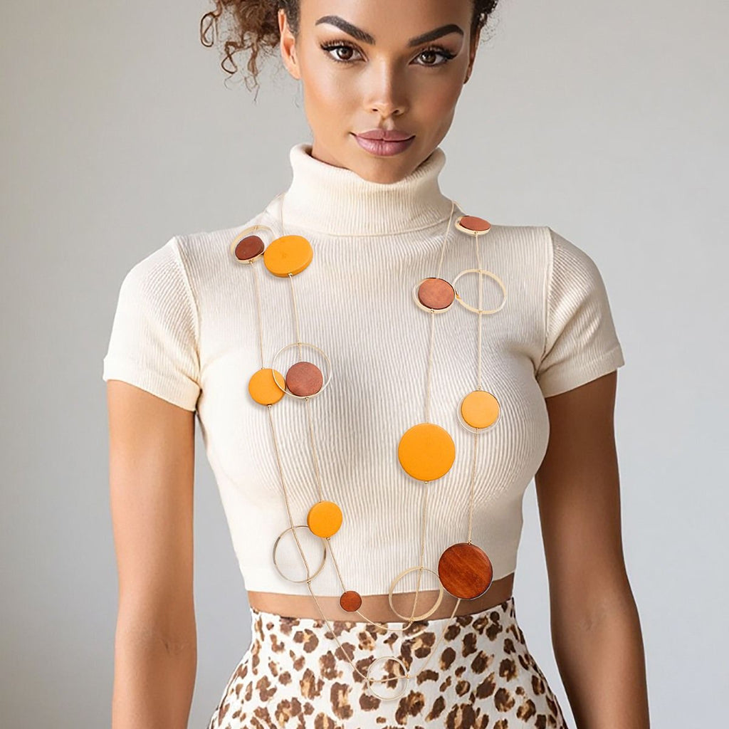 Gold Tone Double Layer Necklace Brown Orange Wooden Beads Statement
