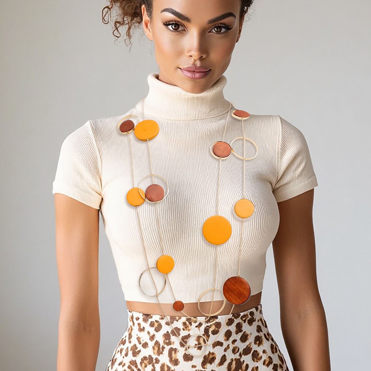 Gold Tone Double Layer Necklace Brown Orange Wooden Beads Statement