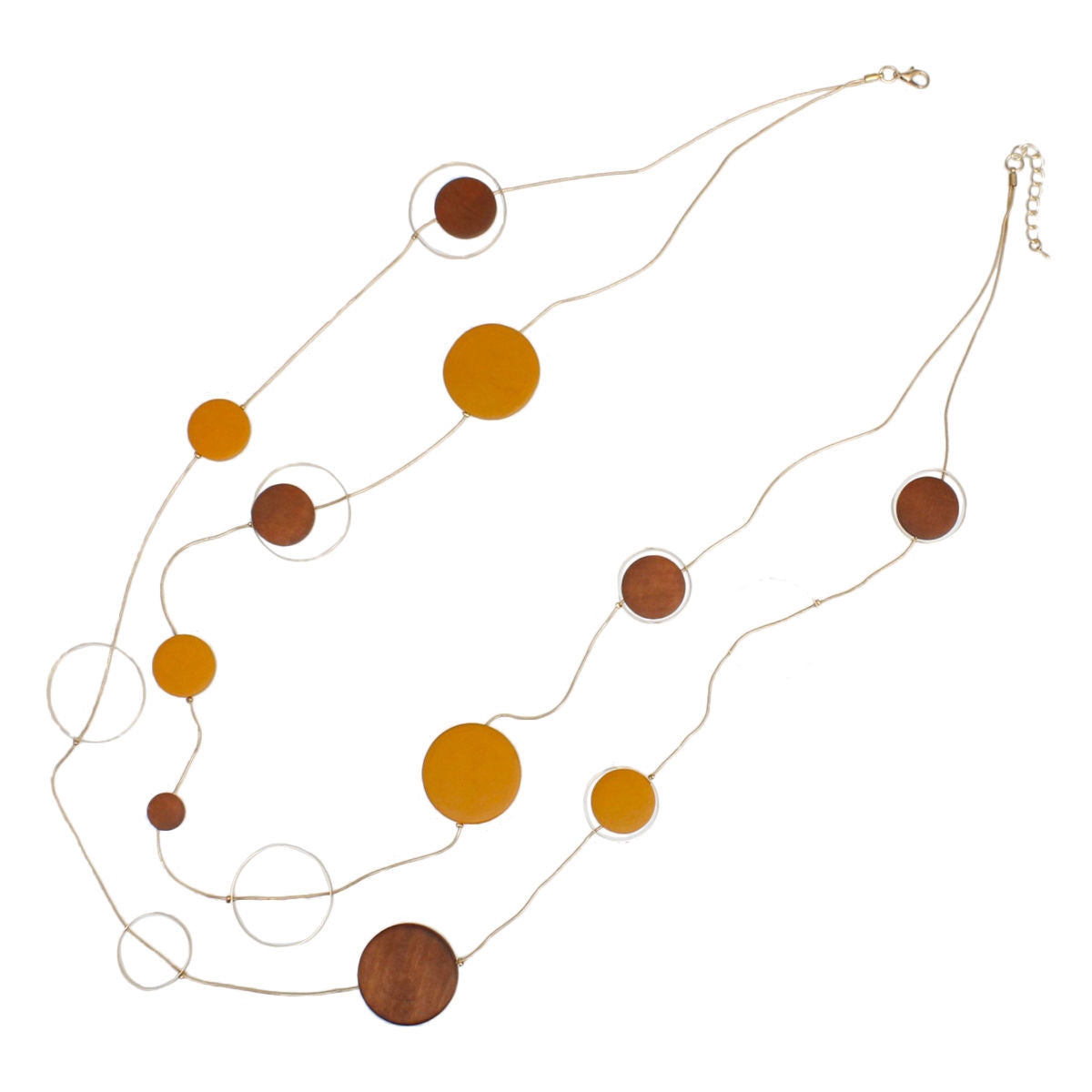 Gold Tone Double Layer Necklace Brown Orange Wooden Beads Statement