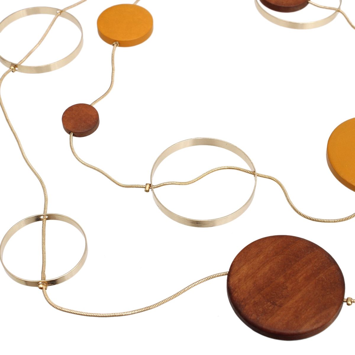 Gold Tone Double Layer Necklace Brown Orange Wooden Beads Statement