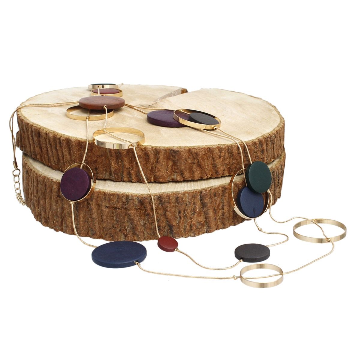 Gold Tone Double Layer Necklace Multicolor Wooden Beads Statement