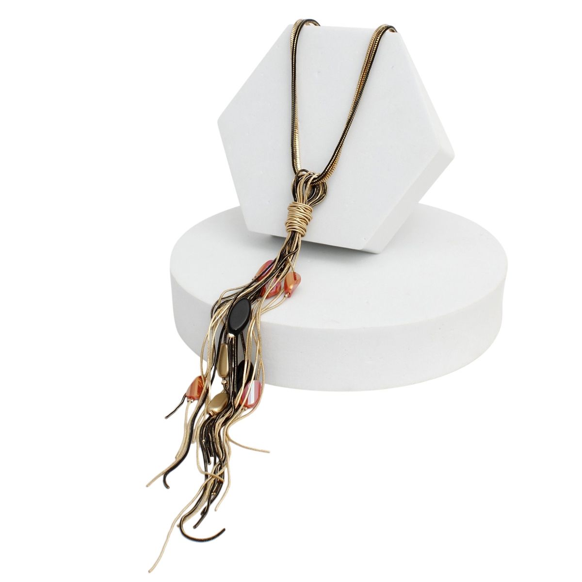 Gold and Black Snake Chain Tassel Necklace Multi Strand Drop