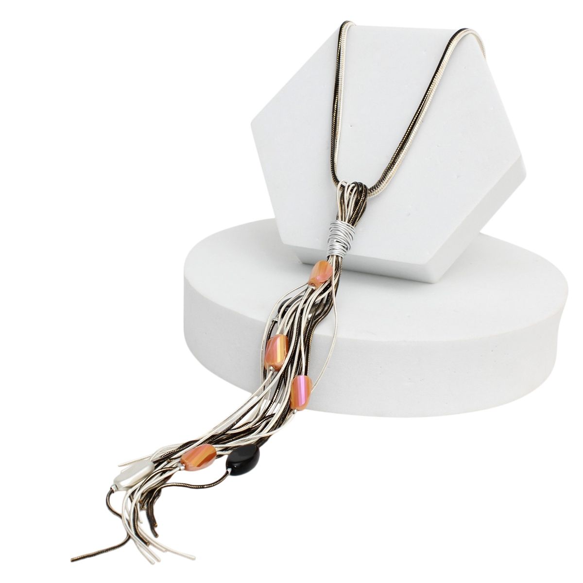 Black and White Gold Snake Chain Tassel Necklace Dual Tone Drop