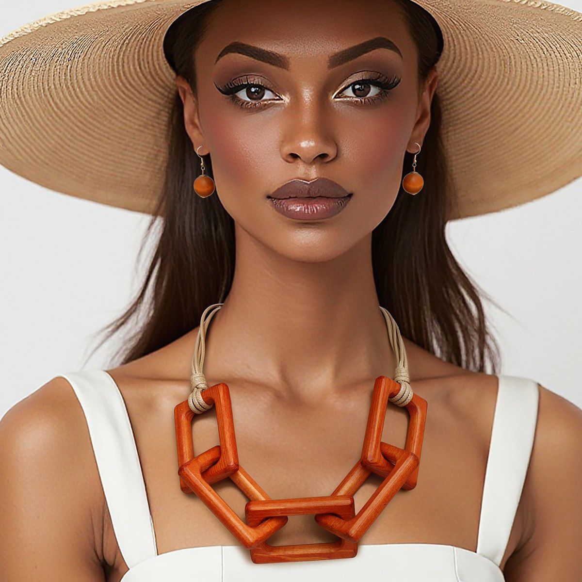 Multi Strand Leather Necklace Chunky Wooden Rectangle Collar Set