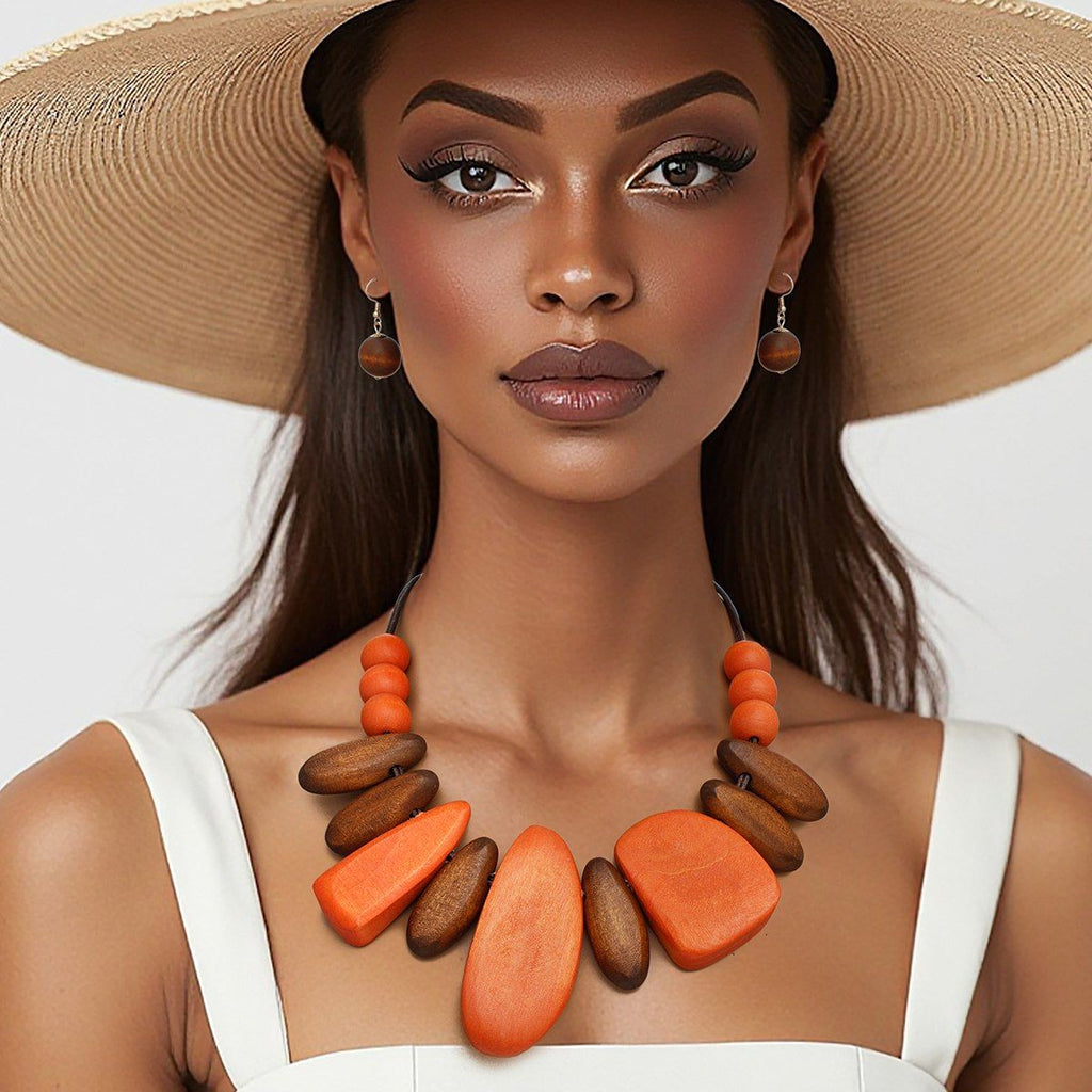 Wooden Bead Necklace Chunky Geometric Set | Statement Style