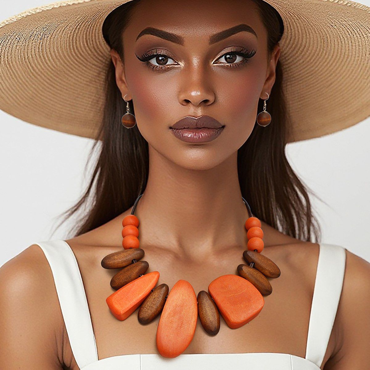 Wooden Bead Necklace Chunky Geometric Set | Statement Style