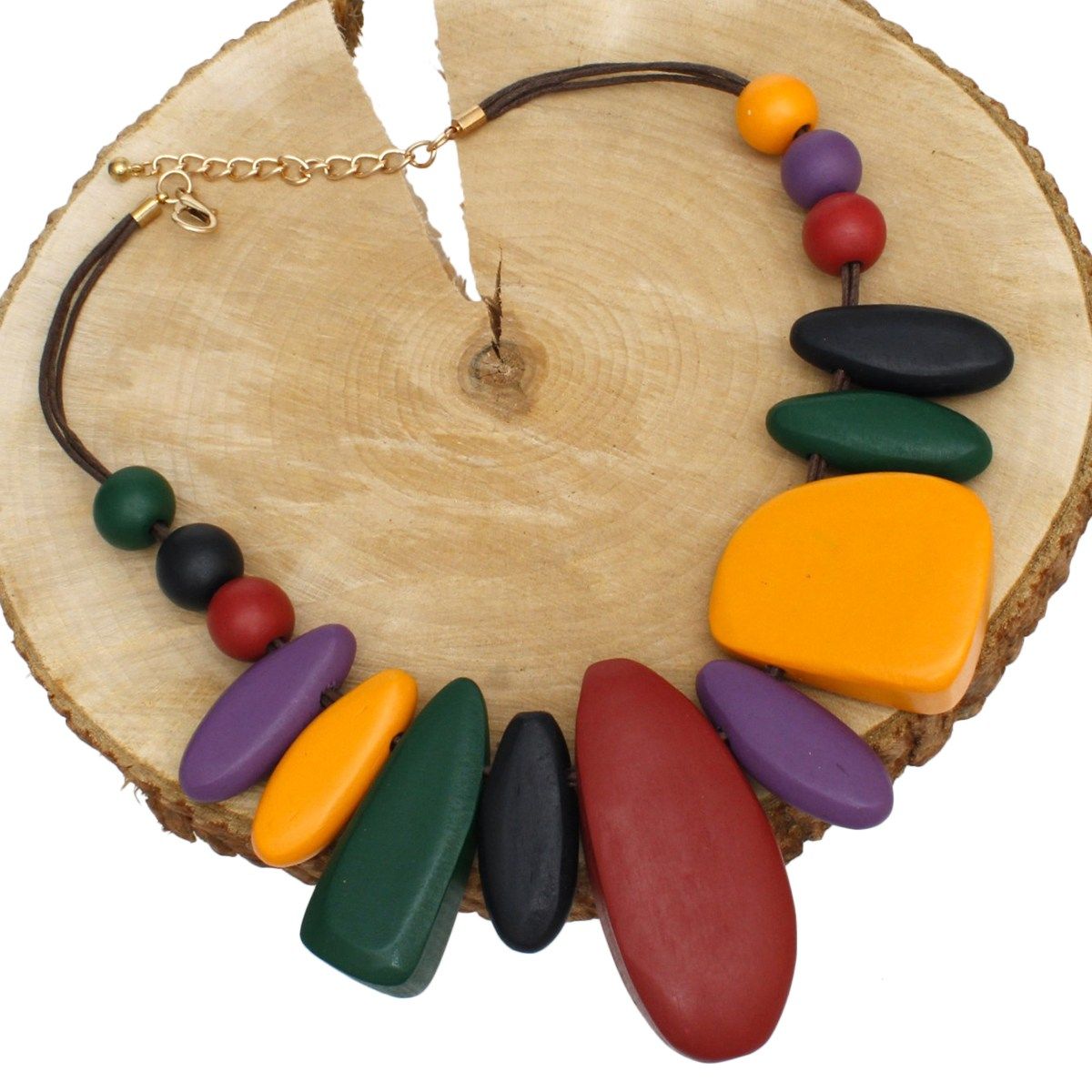 Brown Cord Wooden Bead Necklace Chunky Geometric Graduated Set
