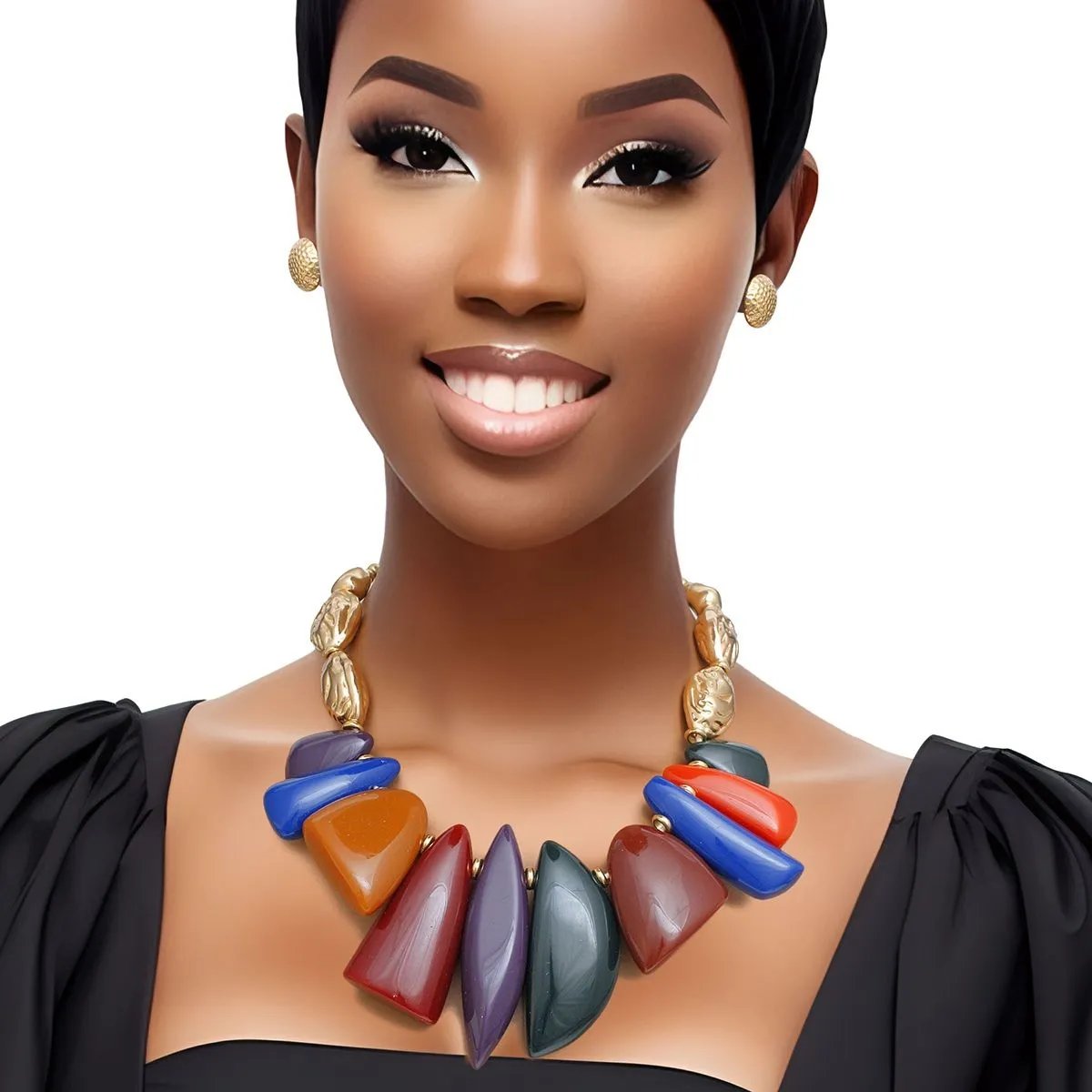Textured Gold Acrylic Beaded Necklace Set with Multicolor Chunky Collar Detail