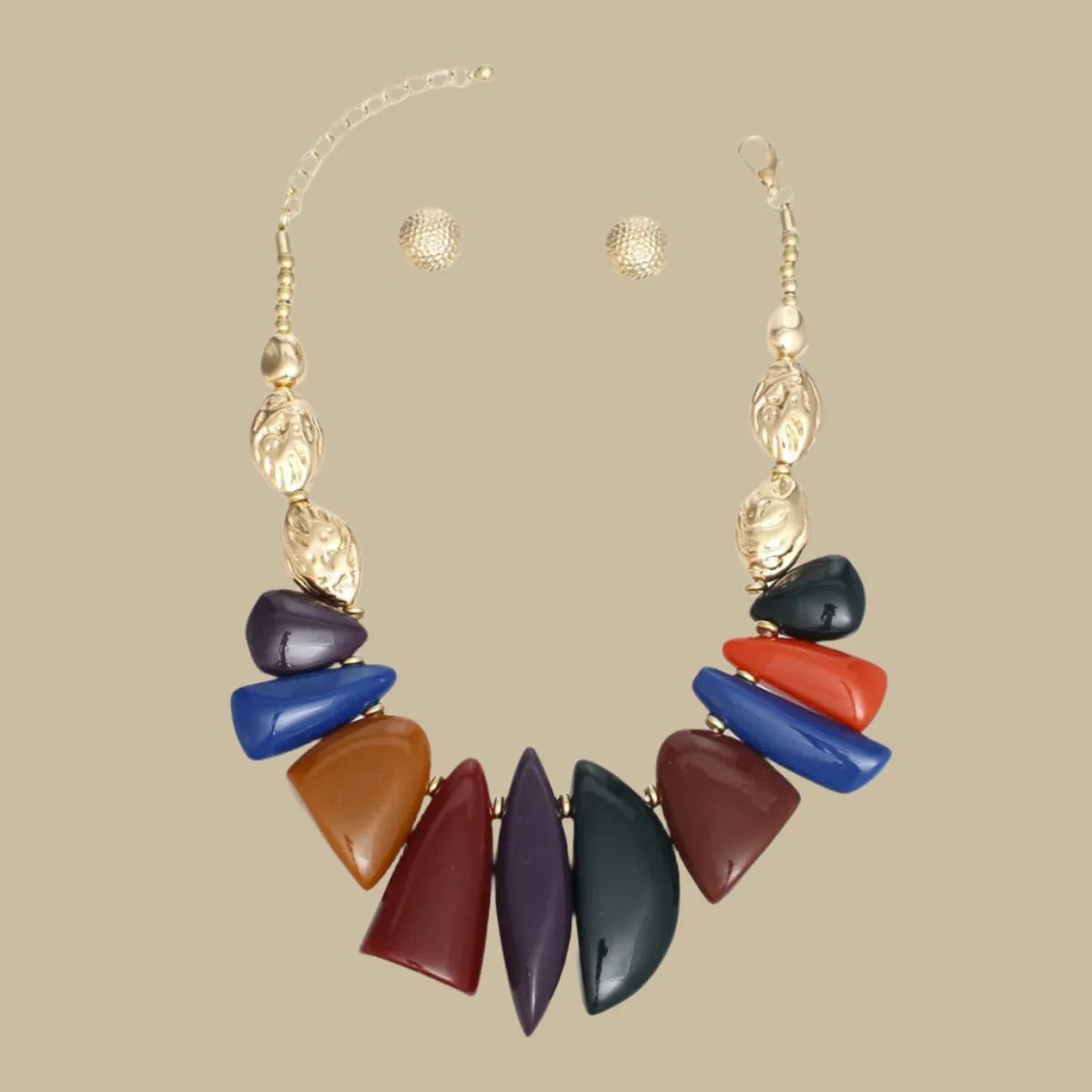 Textured Gold Acrylic Beaded Necklace Set with Multicolor Chunky Collar Detail