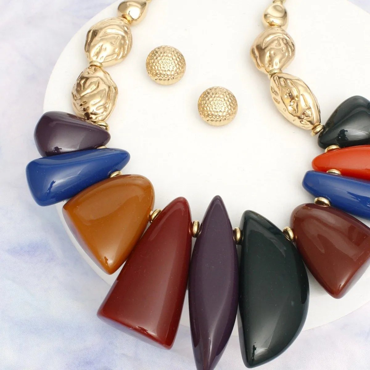 Textured Gold Acrylic Beaded Necklace Set with Multicolor Chunky Collar Detail