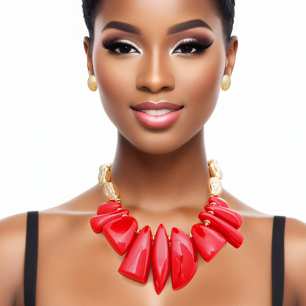 Textured Gold Acrylic Bead Collar Necklace Red Stone Like Accent & Hammered Stud Earrings