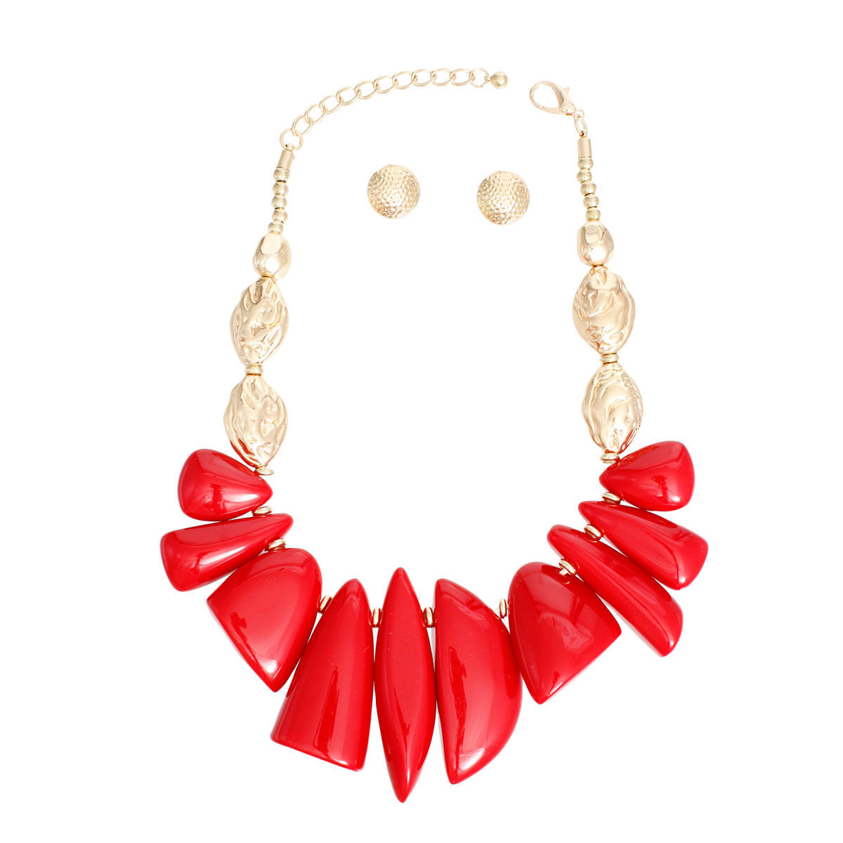 Textured Gold Acrylic Bead Collar Necklace Red Stone Like Accent & Hammered Stud Earrings