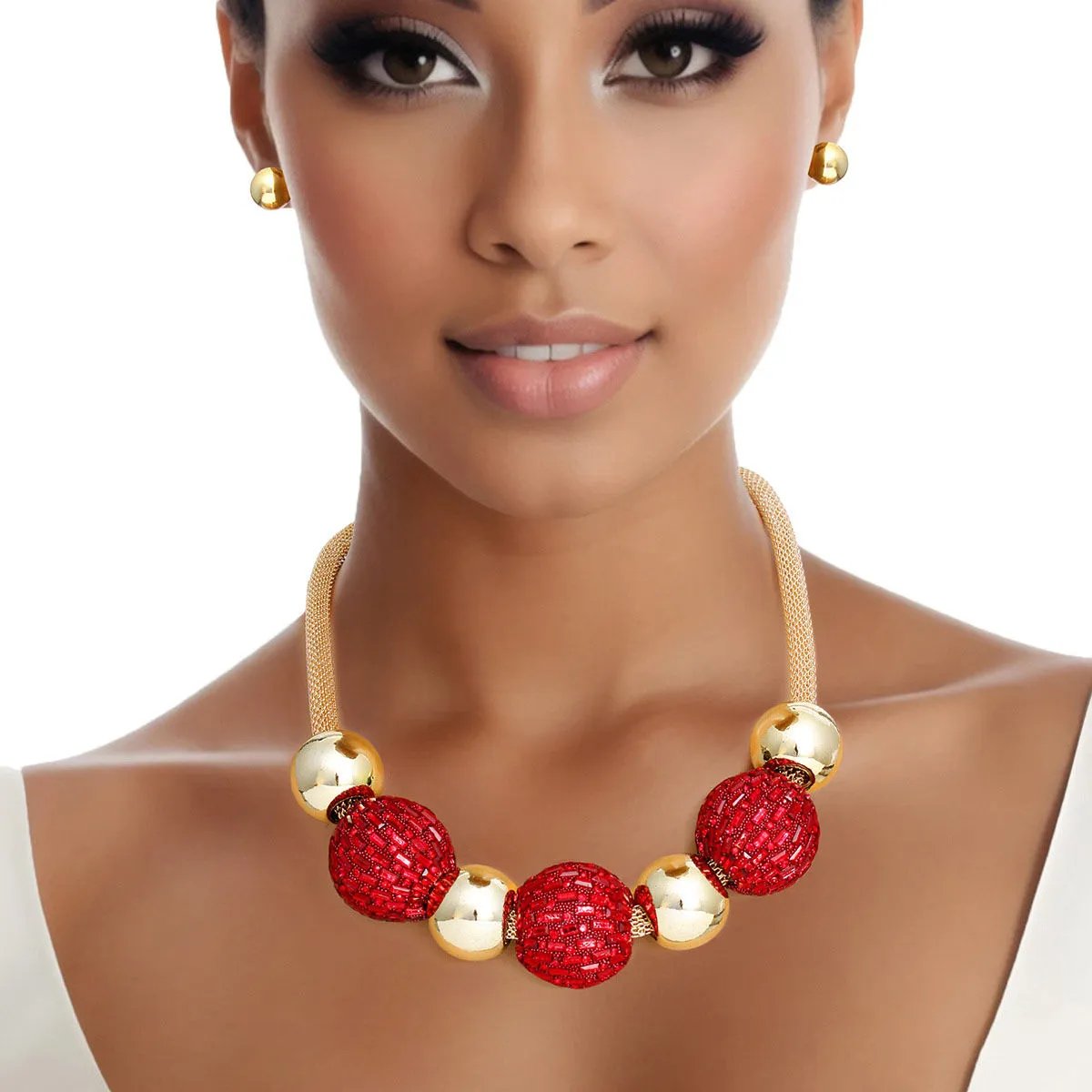 Gold and Red Rhinestone Necklace Set – Bold & Stylish Fashion Jewelry