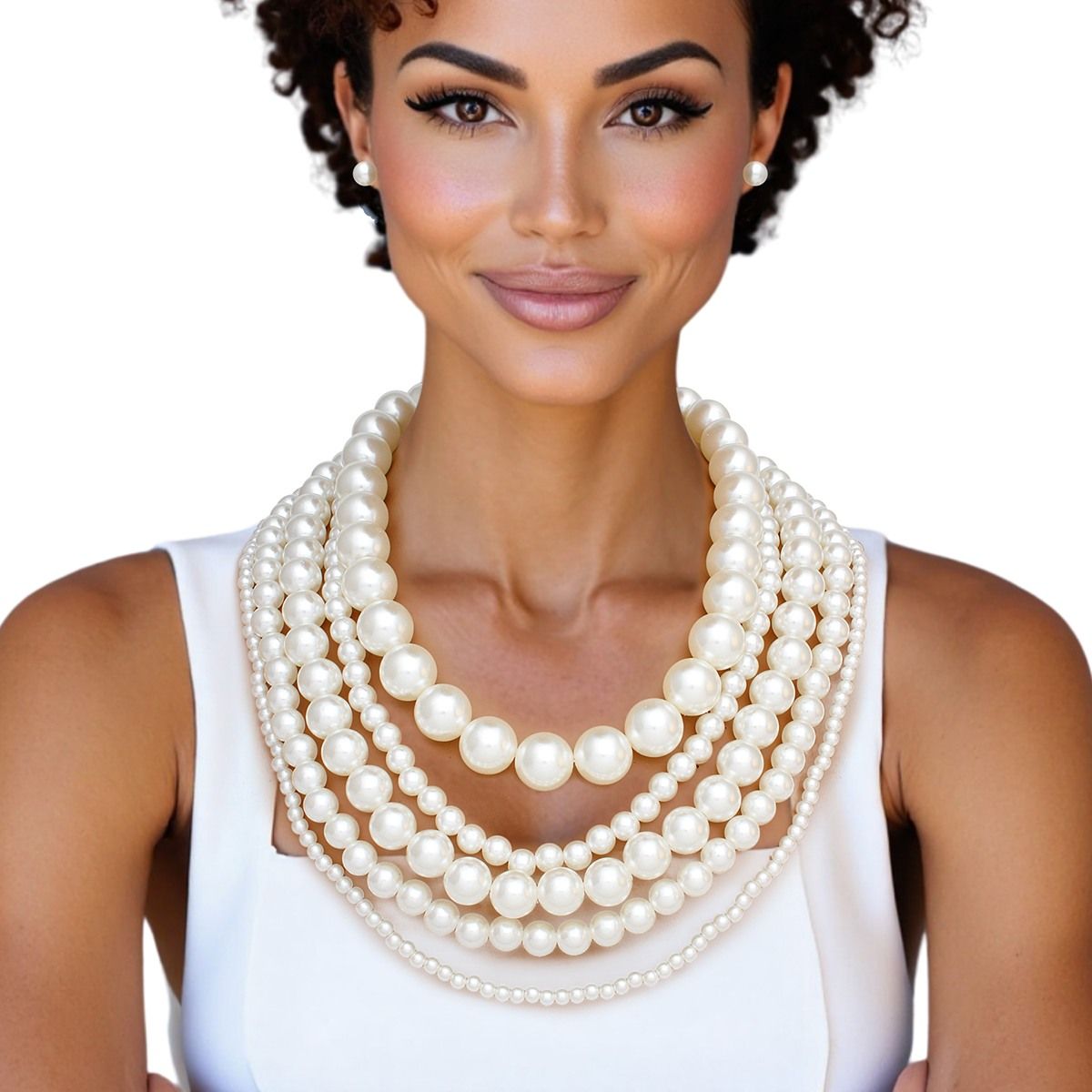 Cream Pearl Beaded Necklace Set, Chunky Five Strand, Women’s Layered Pearls