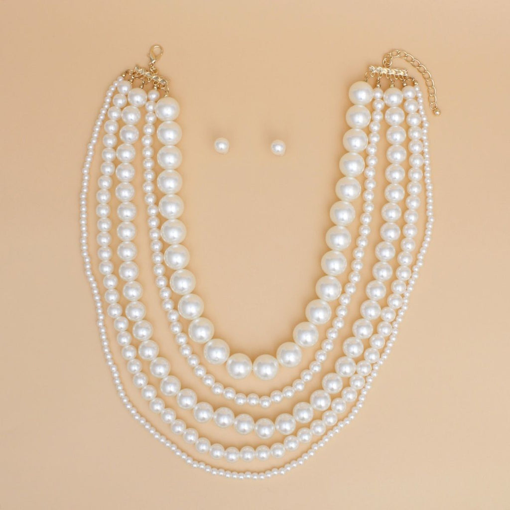 Cream Pearl Beaded Necklace Set, Chunky Five Strand, Women’s Layered Pearls