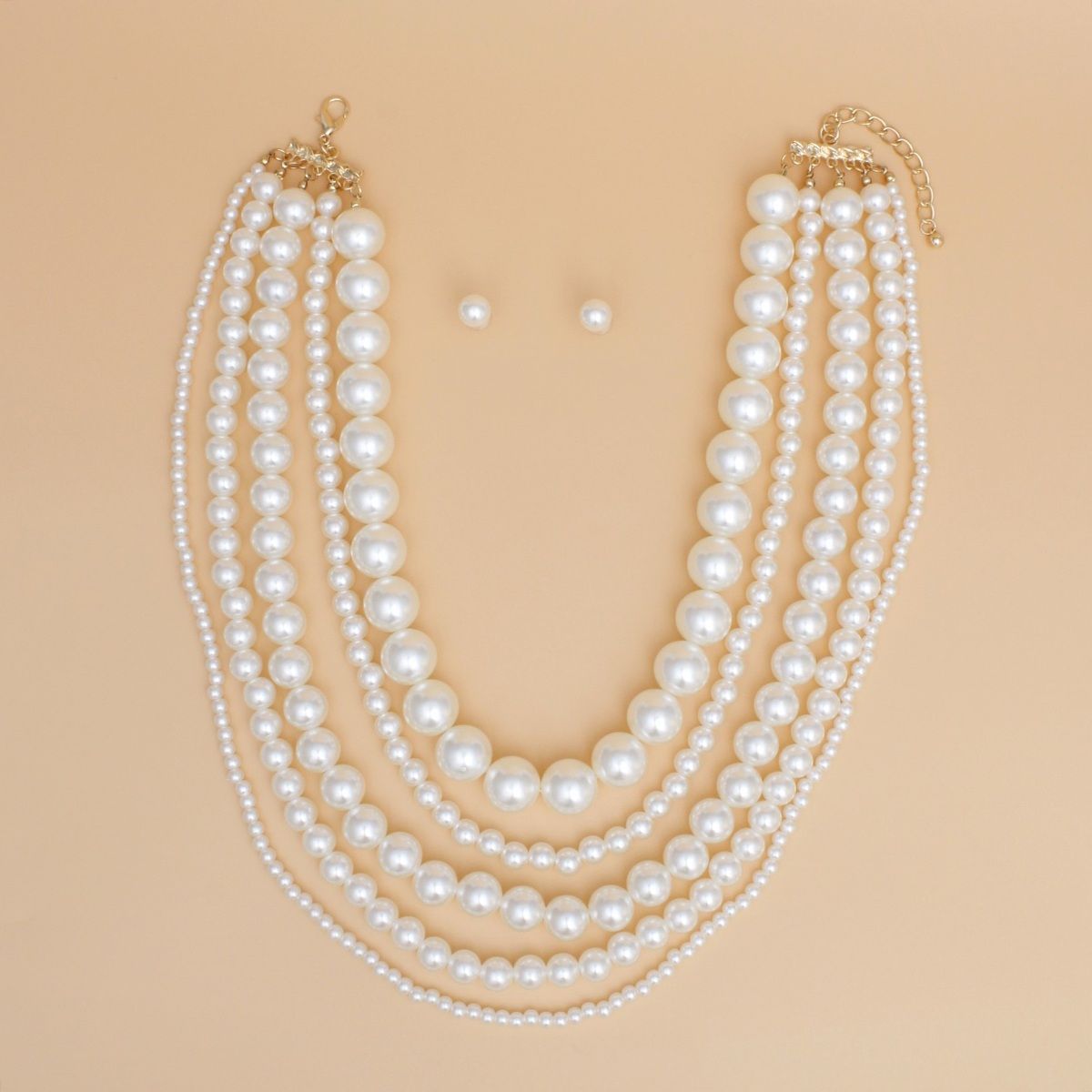 Cream Pearl Beaded Necklace Set, Chunky Five Strand, Women’s Layered Pearls