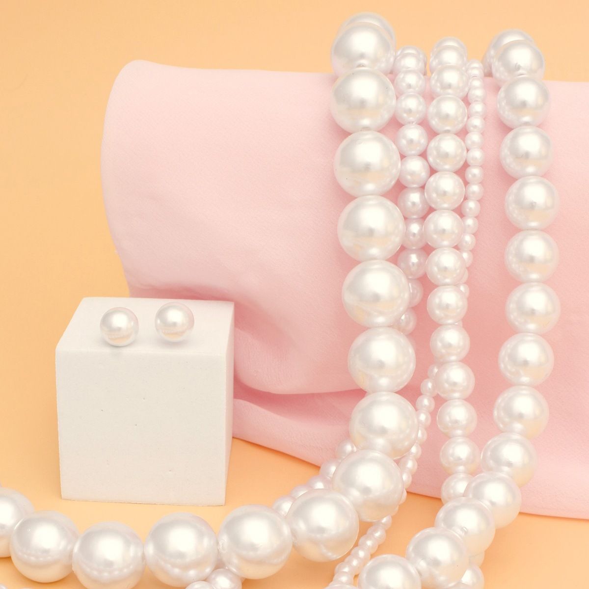 Cream Pearl Beaded Necklace Set, Chunky Five Strand, Women’s Layered Pearls