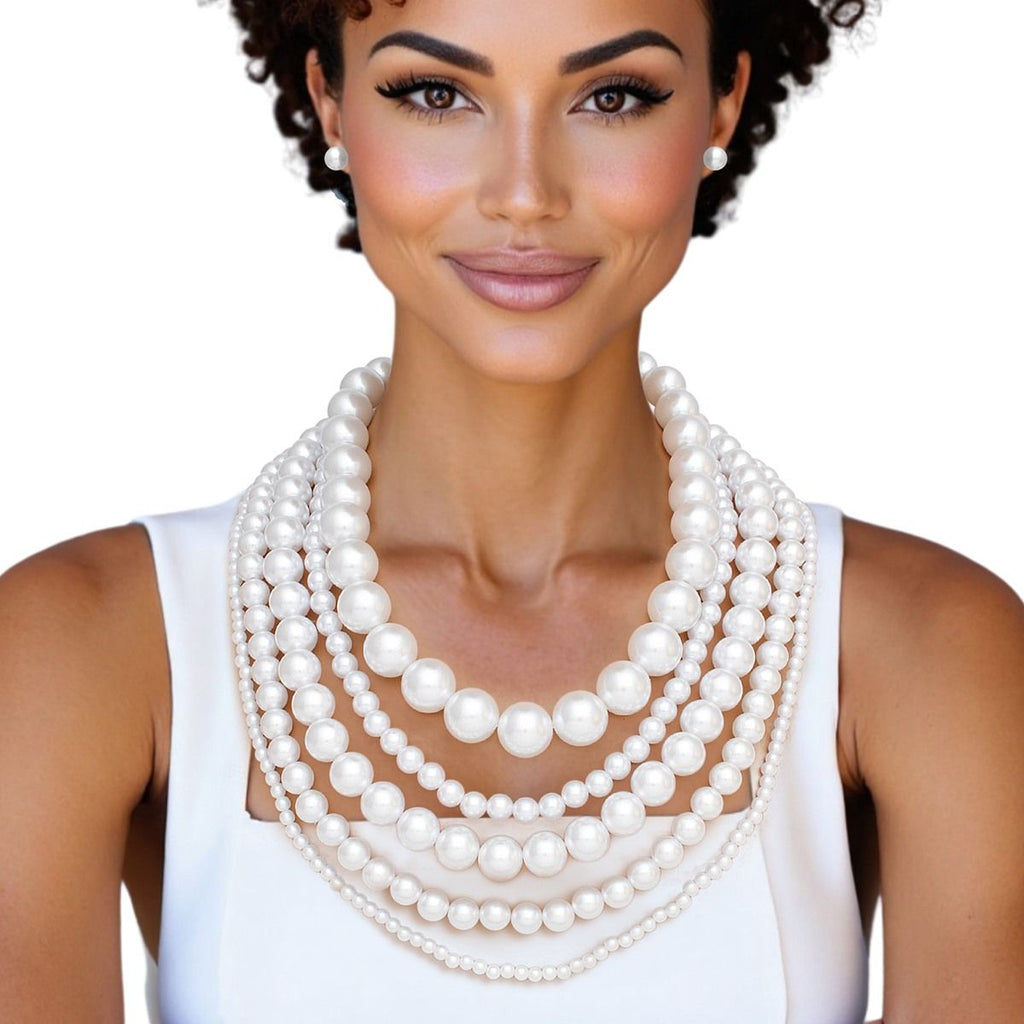 White Pearl Beaded Necklace Set, Chunky Five Strand, Women’s Layered Pearls