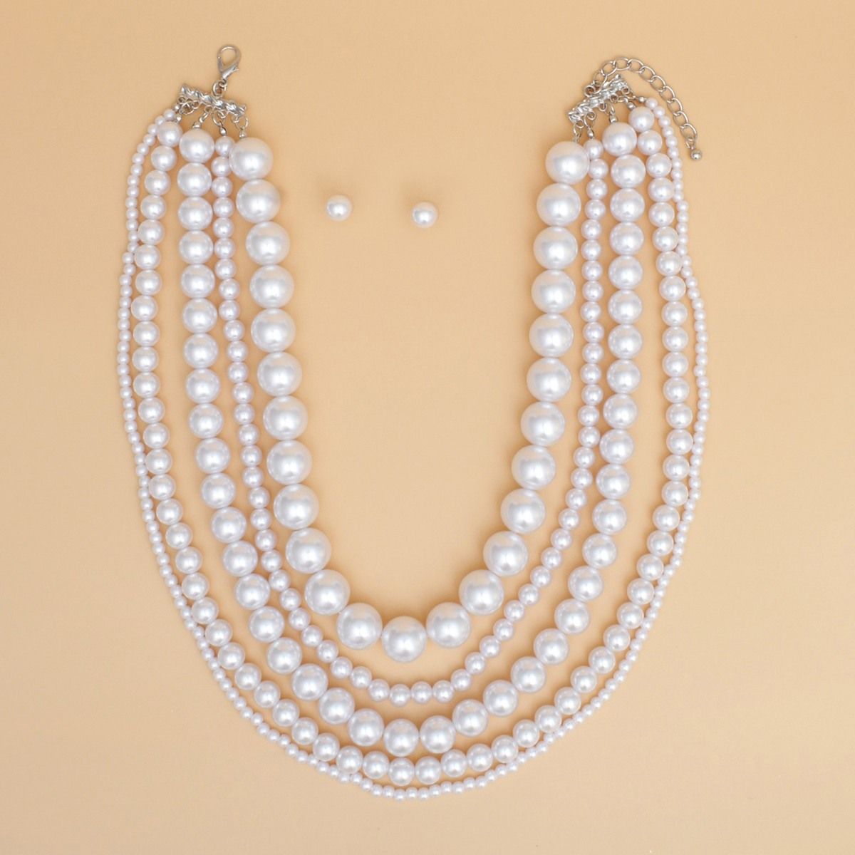 White Pearl Beaded Necklace Set, Chunky Five Strand, Women’s Layered Pearls