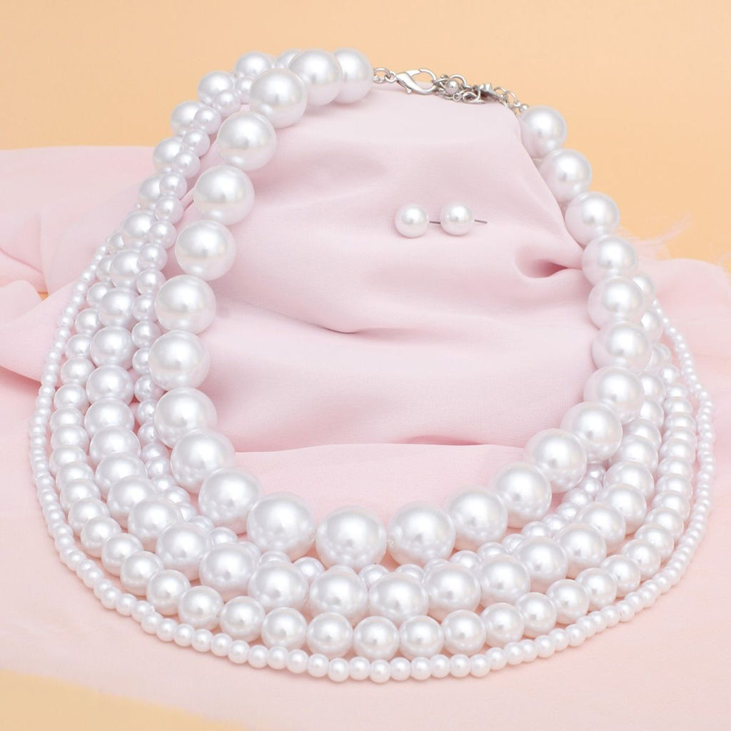 White Pearl Beaded Necklace Set, Chunky Five Strand, Women’s Layered Pearls