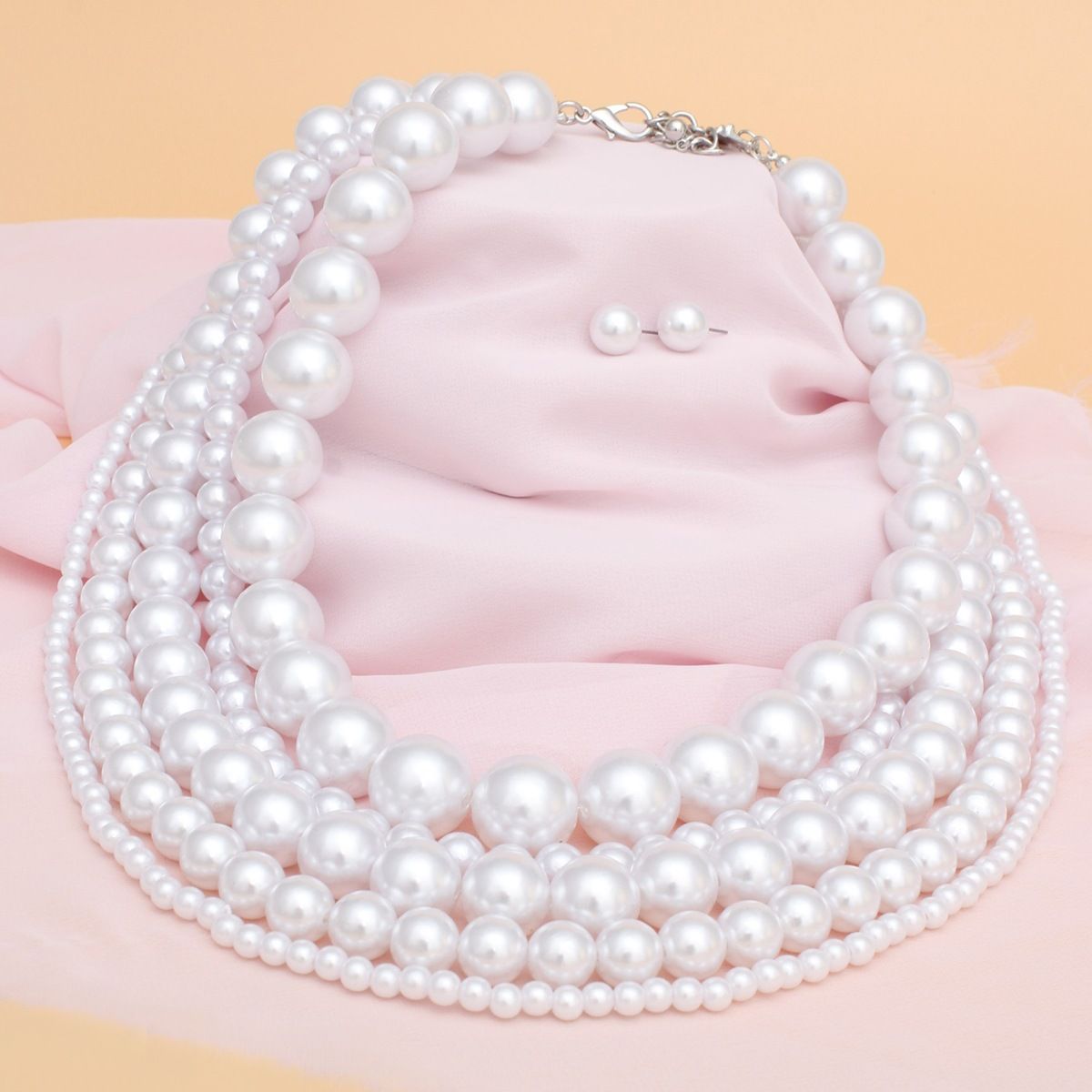 White Pearl Beaded Necklace Set, Chunky Five Strand, Women’s Layered Pearls