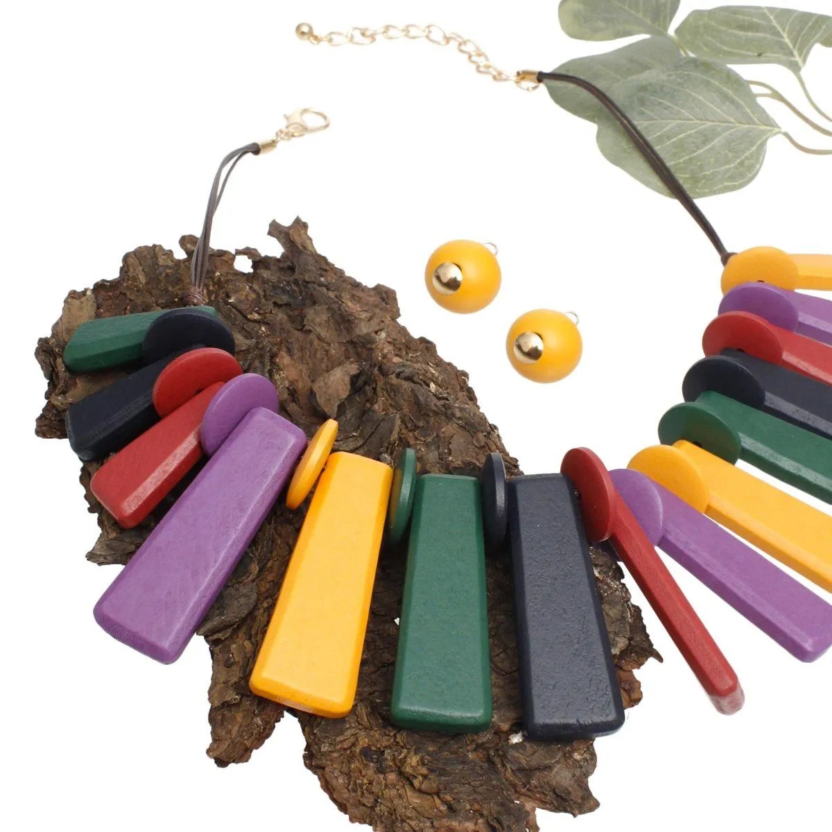 Dark Multicolor Wooden Bar Bead Fashion Necklace with Matching Earrings