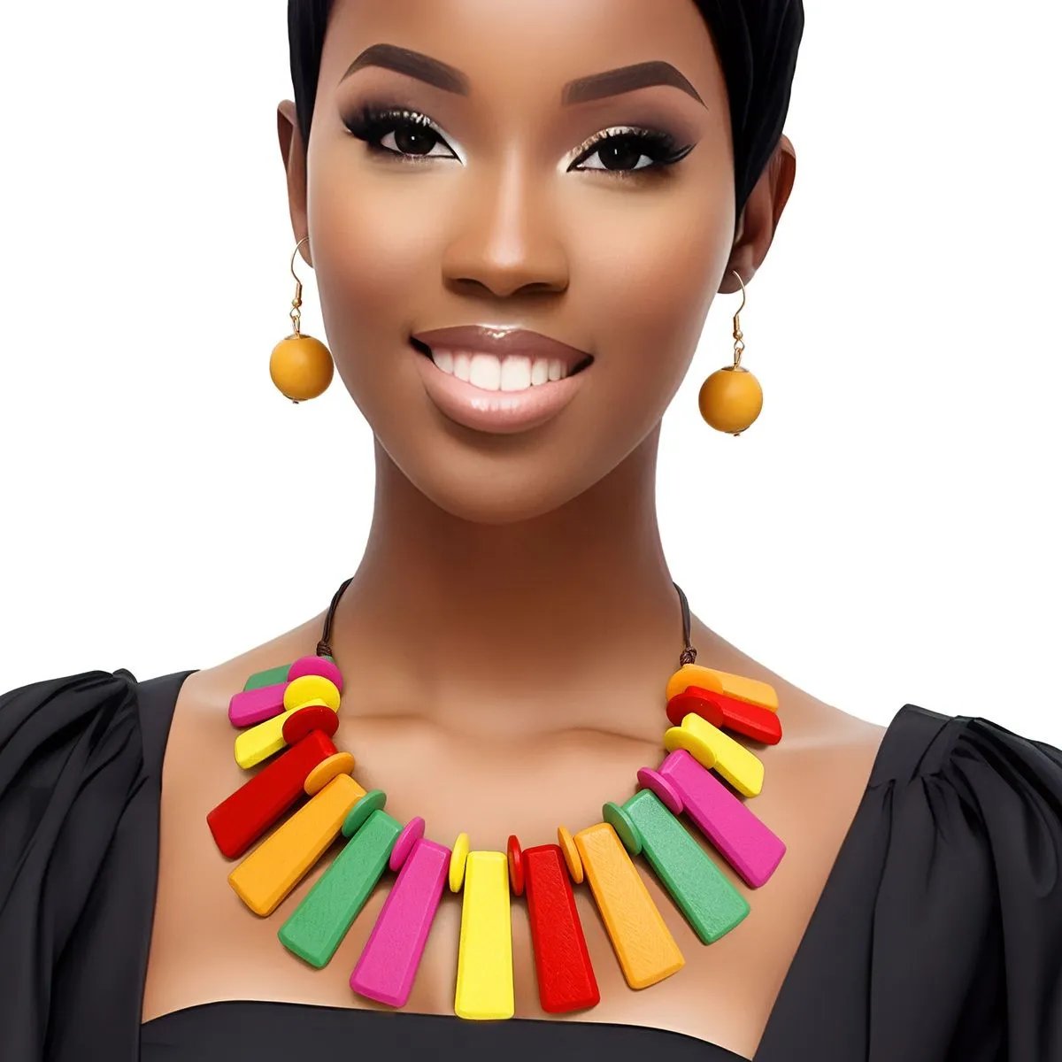 Rainbow Wooden Bar Bead Fashion Necklace with Matching Earrings
