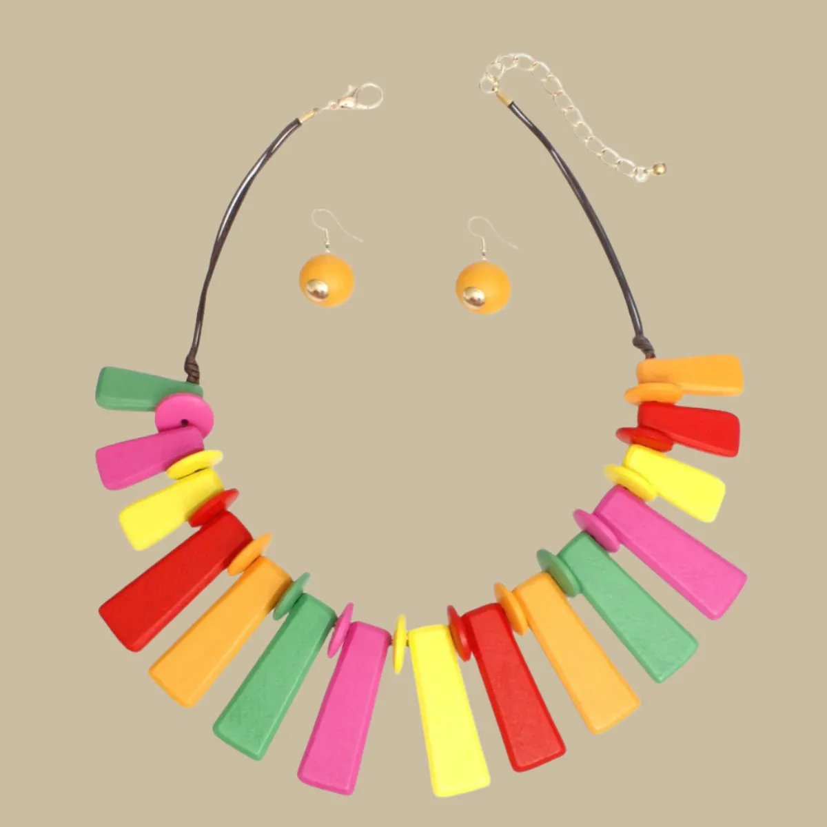 Rainbow Wooden Bar Bead Fashion Necklace with Matching Earrings