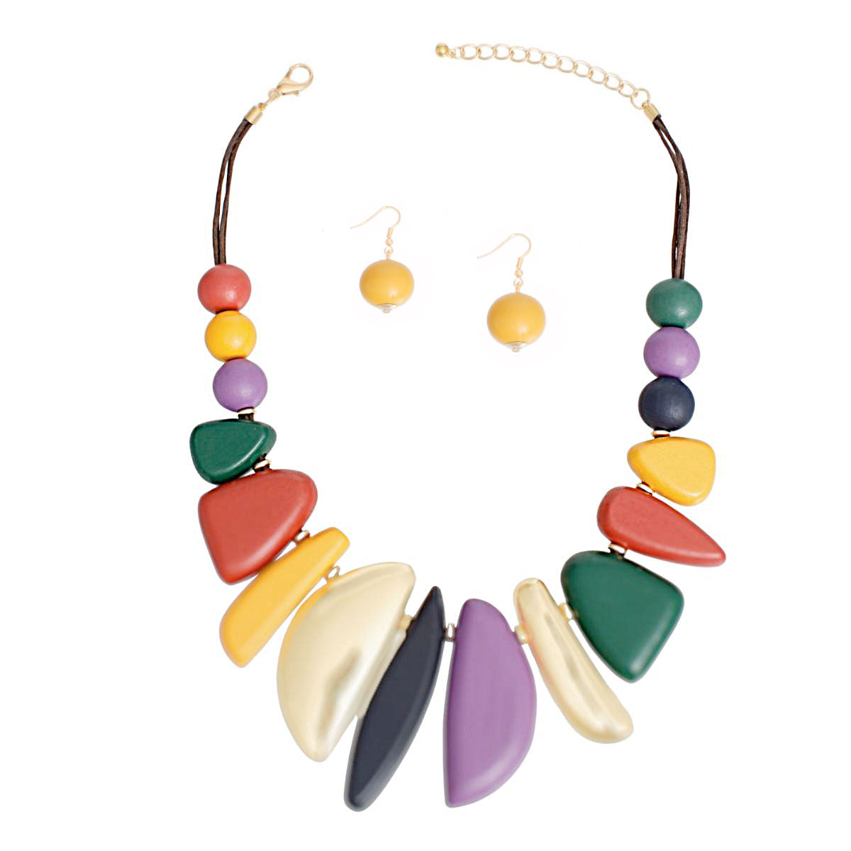 Bib Necklace Multi Wood Metal Set for Women