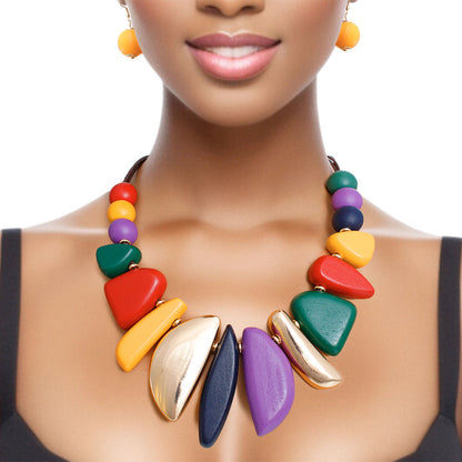 Bib Necklace Multi Wood Metal Set for Women