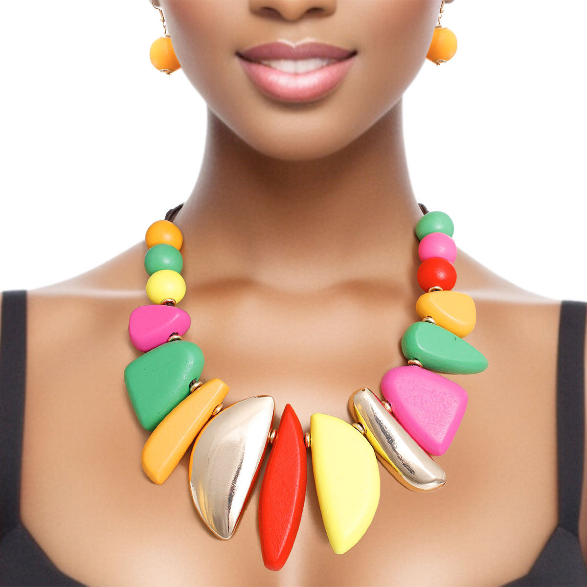 Bib Necklace Rainbow Wood Metal Set for Women