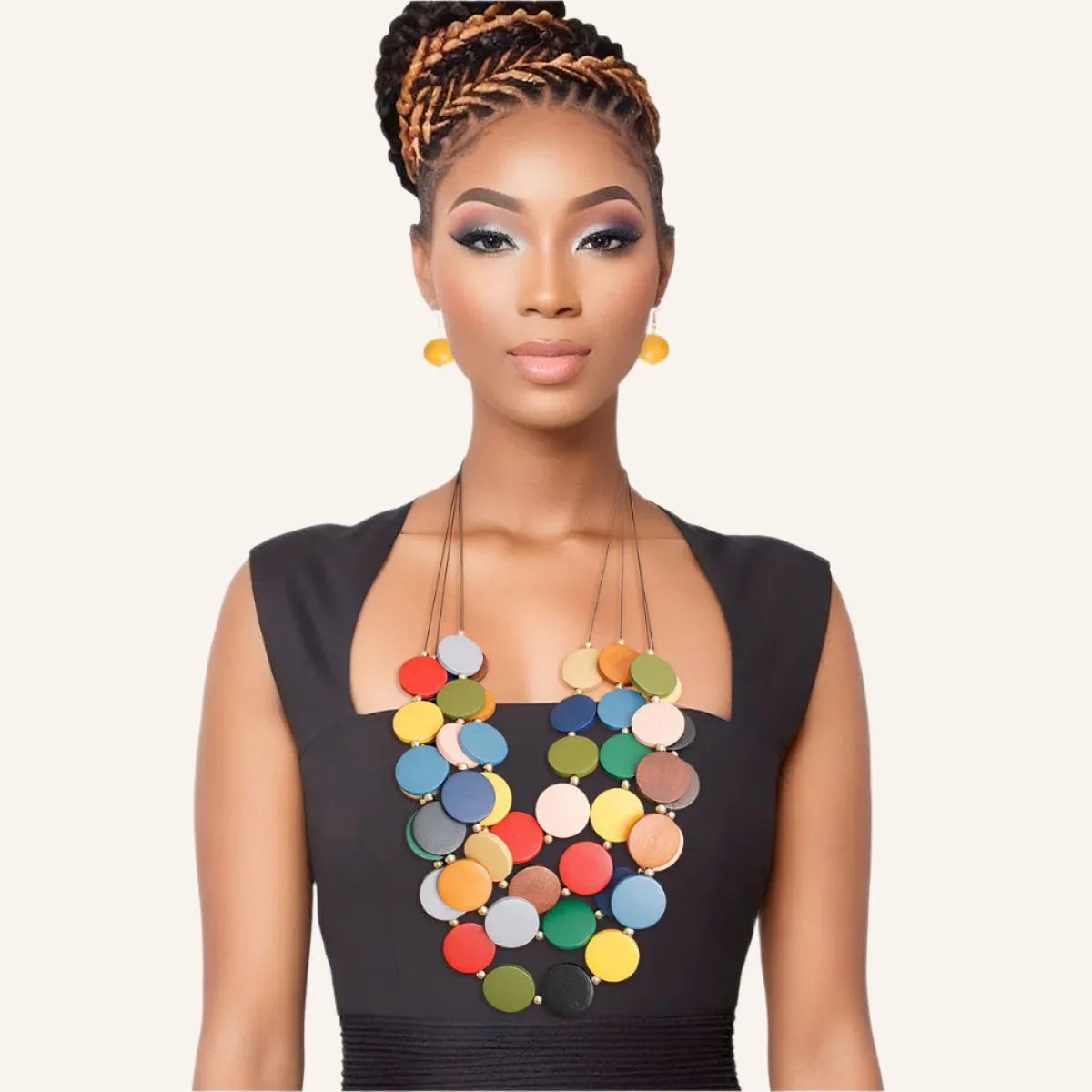 Long Multi-Strand Necklace Set with Multicolor Wooden Beads and Matching Earrings