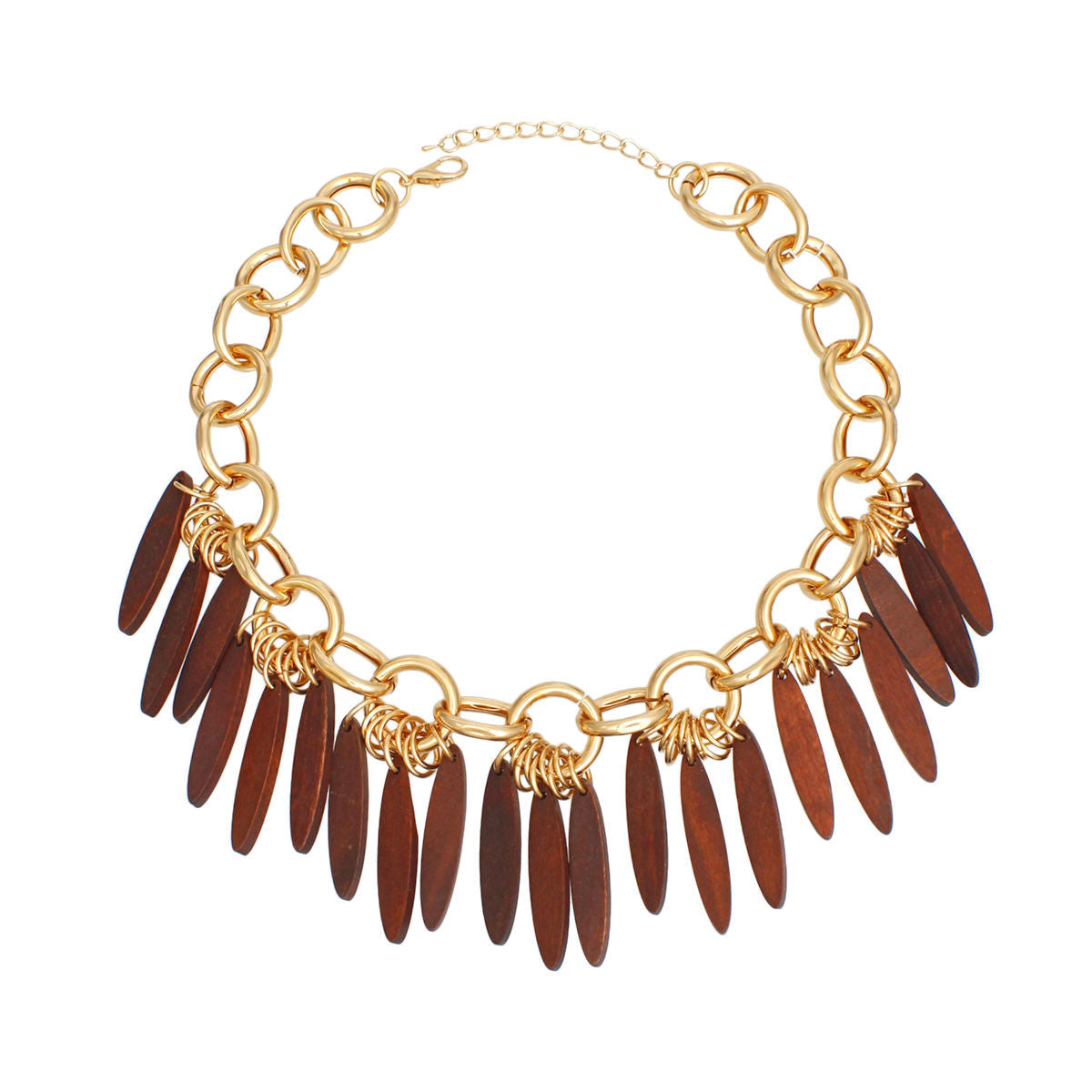 Gold Tone Chunky Necklace Brown Wood Fringe Statement Jewelry