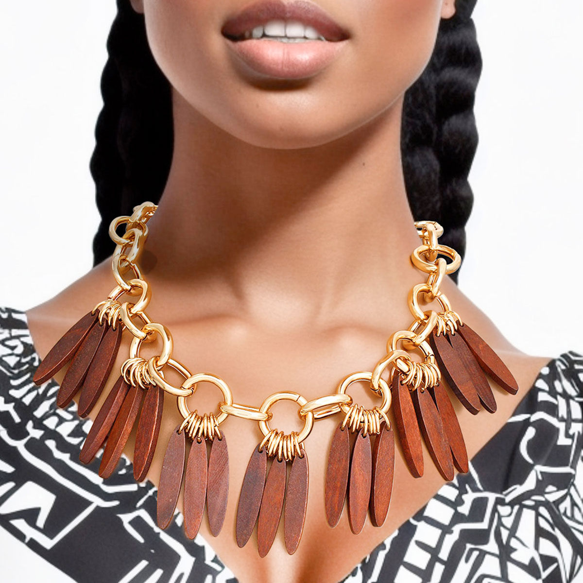 Gold Tone Chunky Necklace Brown Wood Fringe Statement Jewelry