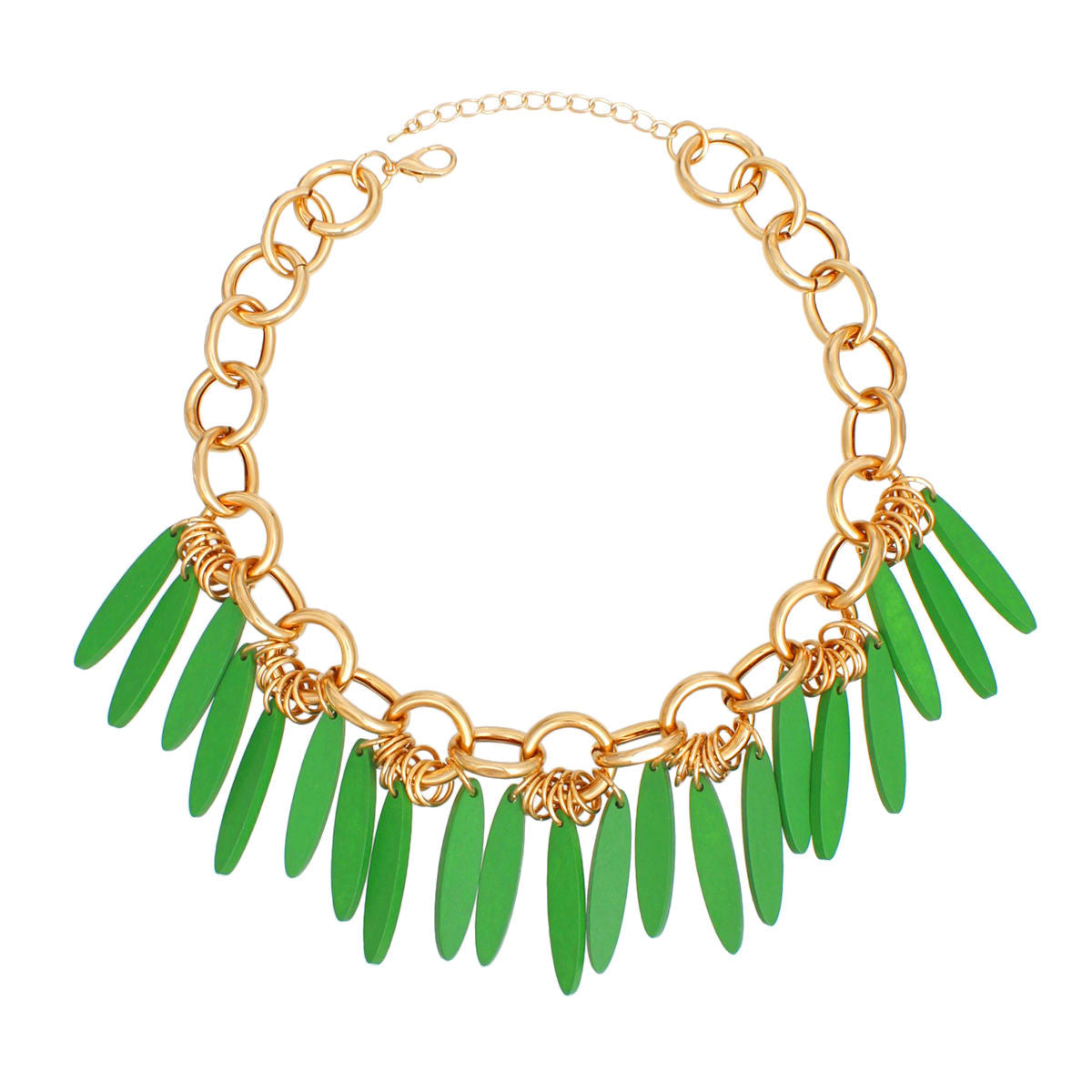 Gold Tone Chunky Necklace Green Wood Fringe Statement Jewelry