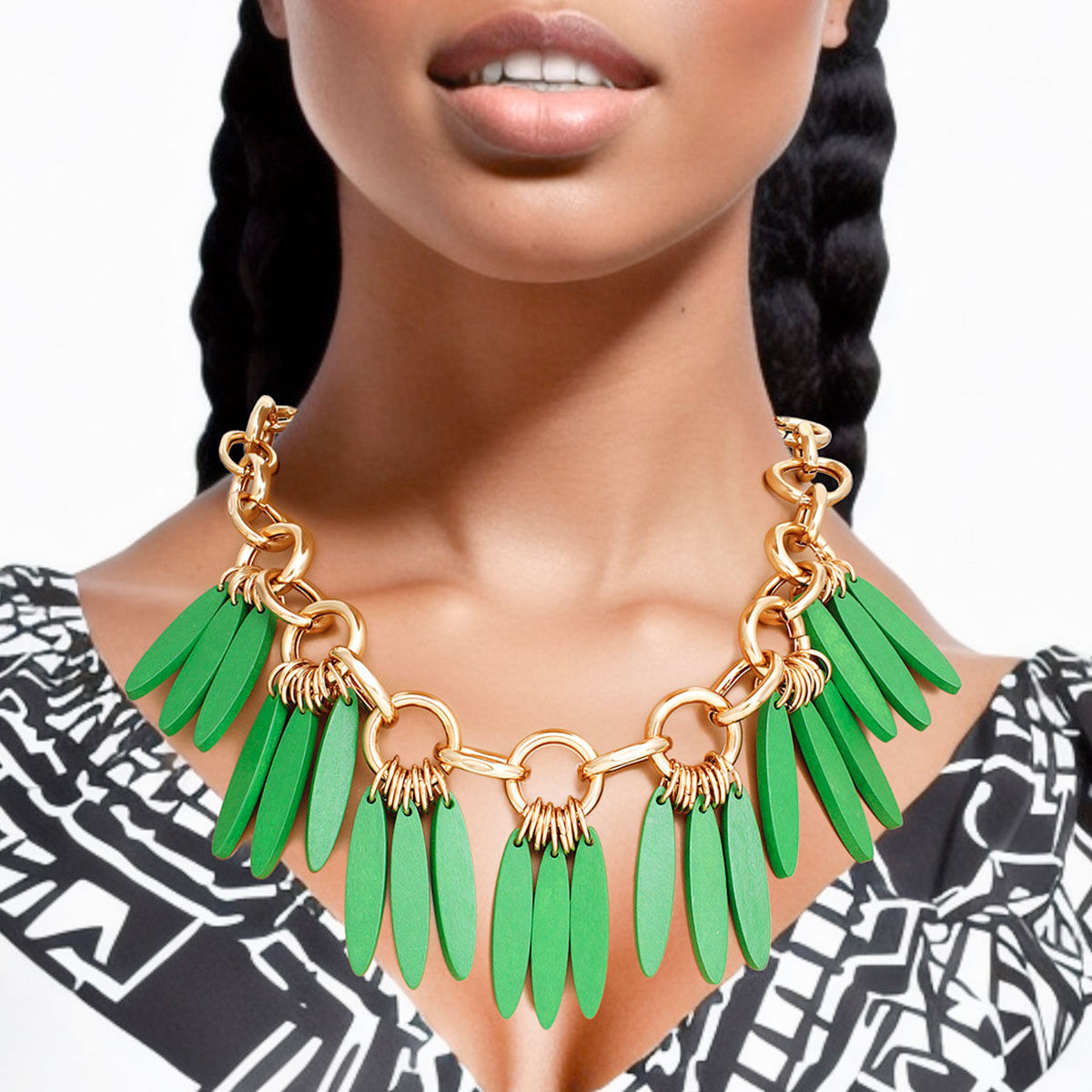 Gold Tone Chunky Necklace Green Wood Fringe Statement Jewelry