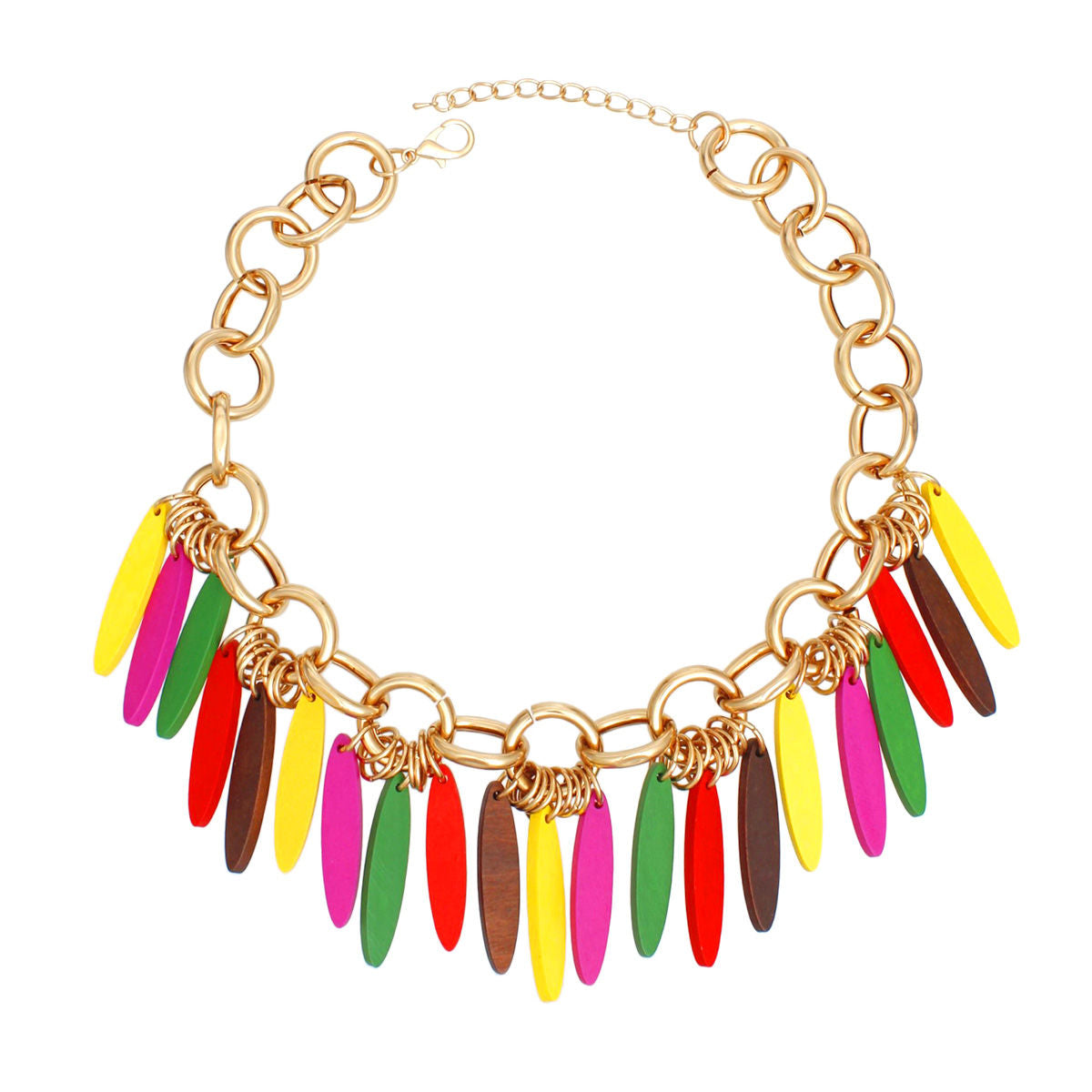 Gold Tone Chunky Necklace Multicolor Wood Fringe Statement Jewelry