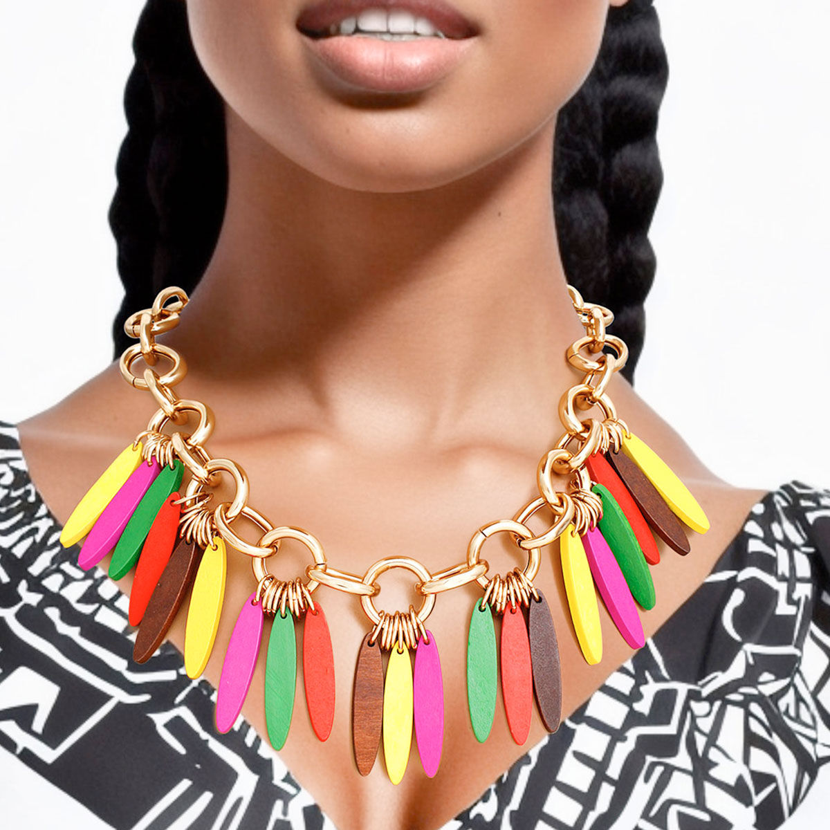 Gold Tone Chunky Necklace Multicolor Wood Fringe Statement Jewelry