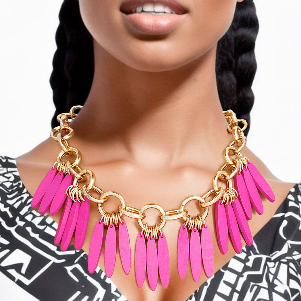 Gold Tone Chunky Necklace Purple Wood Fringe Statement Jewelry