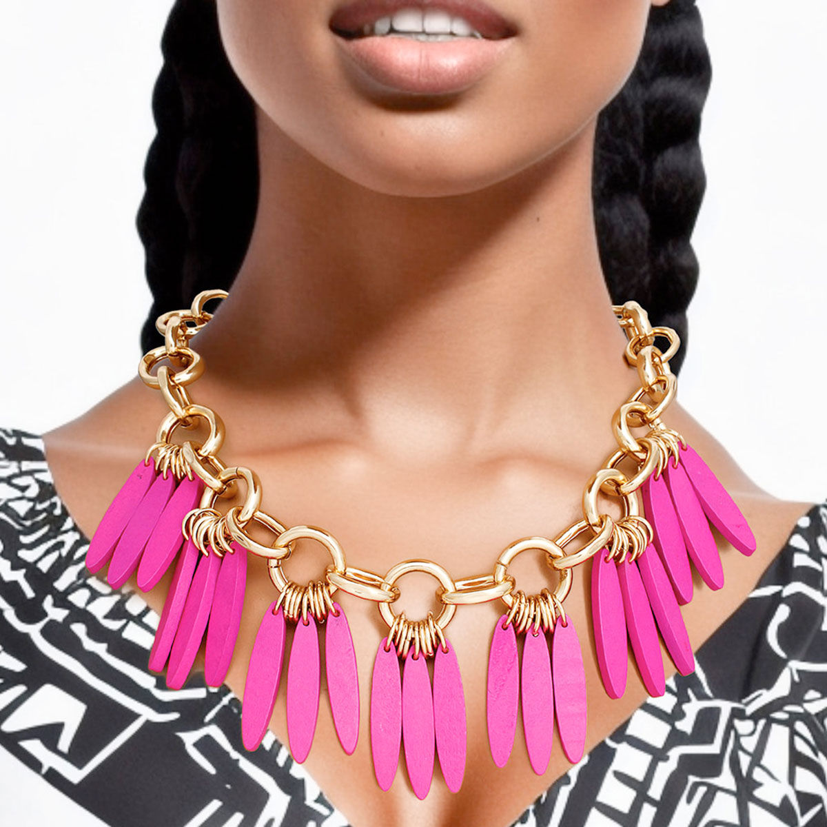 Gold Tone Chunky Necklace Purple Wood Fringe Statement Jewelry