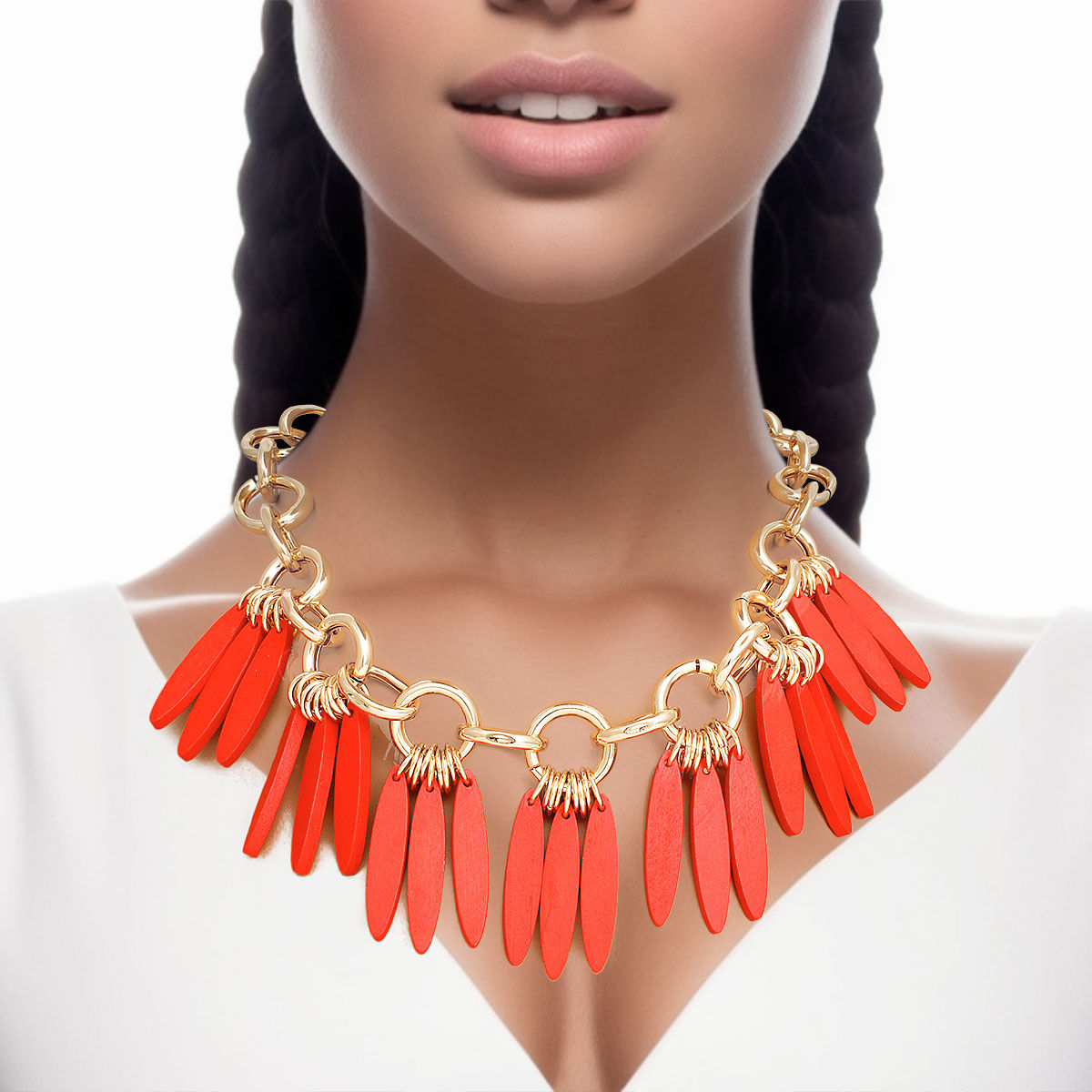Gold Tone Chunky Necklace Red Wood Fringe Statement Jewelry